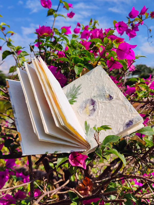 Vintage Dongba Paper Journal – Handmade Thread-Bound Notebook | Floral & Herb-Infused Paper | Botanical Travel Diary | Rustic Strap Closure