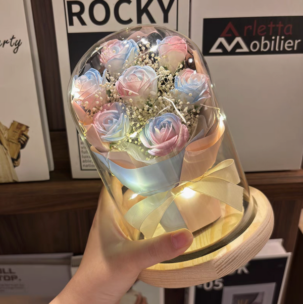 Ice Blue Preserved Flower Dome – Carnation & Rose Arrangement | Gift for Girlfriend or Mom | Realistic Soap Flowers in Glass Display | Birthday Floral Gift